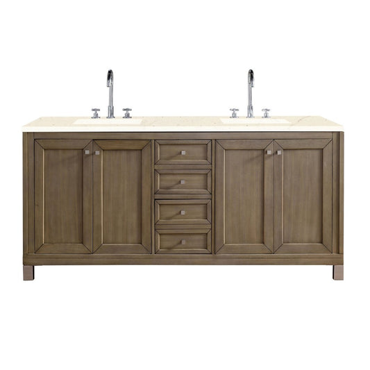 Chicago 72" Double Vanity, Whitewashed Walnut w/ 3 CM Eternal Marfil Quartz Top