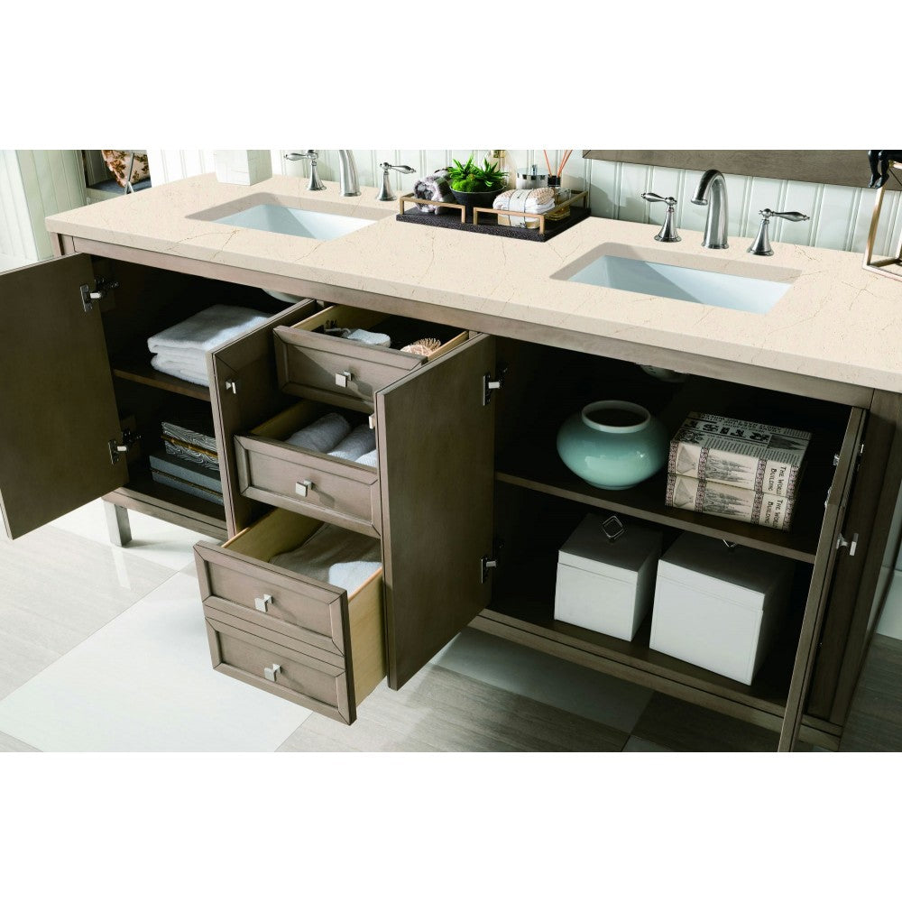 Chicago 72" Double Vanity, Whitewashed Walnut w/ 3 CM Eternal Marfil Quartz Top