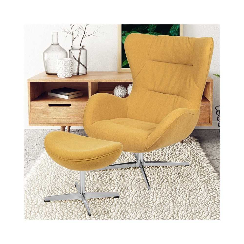 Citron Fabric Swivel Wing Chair and Ottoman Set