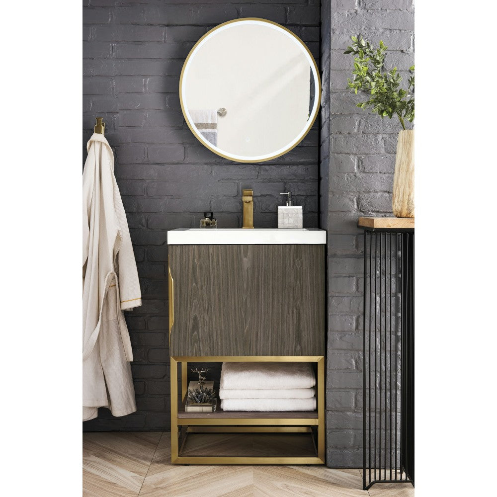 Columbia 24" Single Vanity, Ash Gray, Radiant Gold w/ White Glossy Composite Top