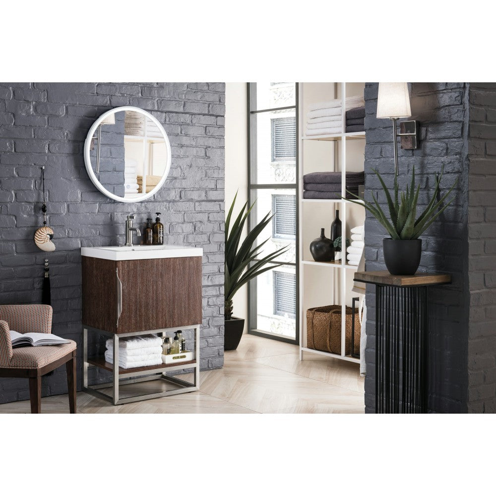Columbia 24" Single Vanity Coffee Oak Nickel w/White Glossy Composite Top