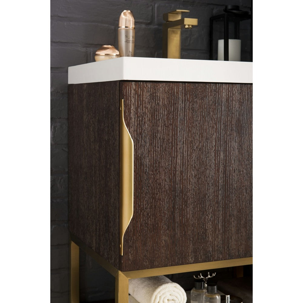 Columbia 24" Single Vanity Coffee Oak Radiant Gold w/ White Glossy Composite Top