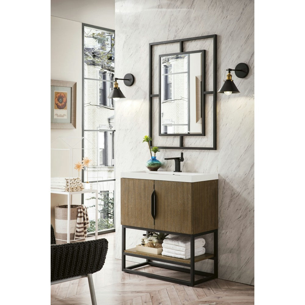 Columbia 31.5" Single Vanity Latte Oak Matte Black w/ White Glossy Composite Top