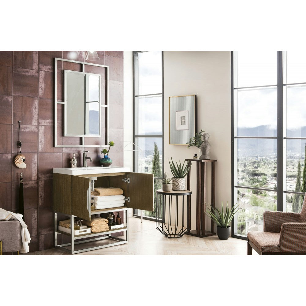 Columbia 31.5" Single Vanity Latte Oak Nickel w/White Glossy Composite Top