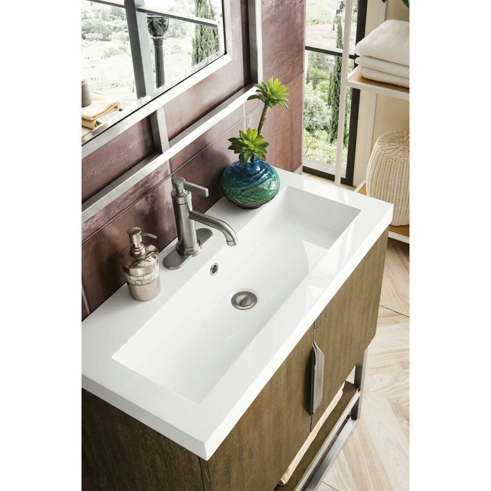 Columbia 31.5" Single Vanity Latte Oak Nickel w/White Glossy Composite Top
