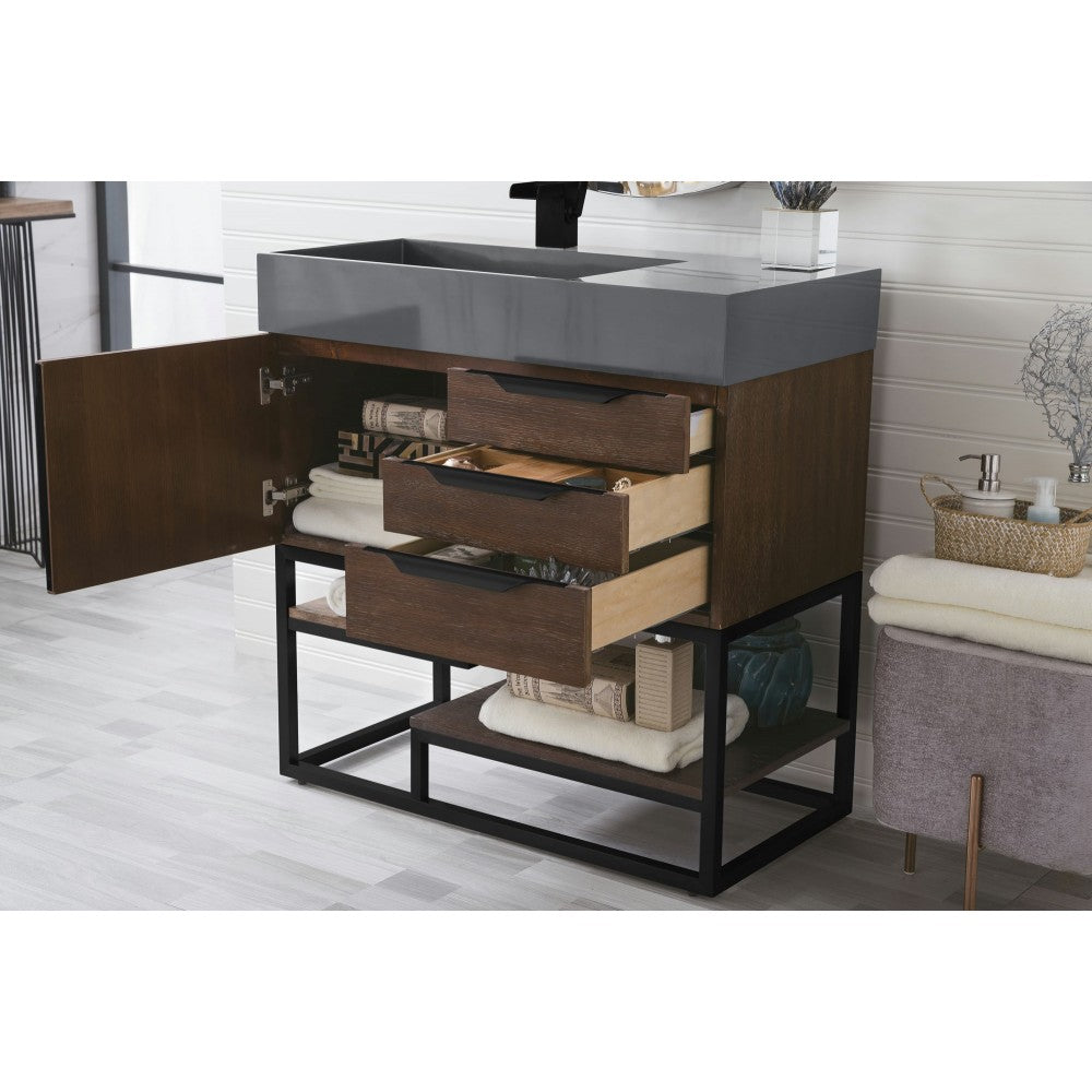 Columbia 36" Single Vanity Coffee Oak Black w/Dusk Gray Glossy Composite Top