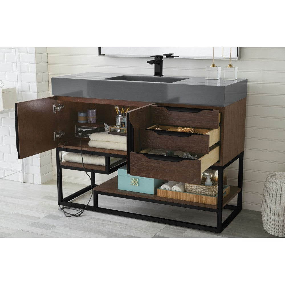 Columbia 48" Single Vanity Coffee Oak Black w/Dusk Gray Glossy Composite Top