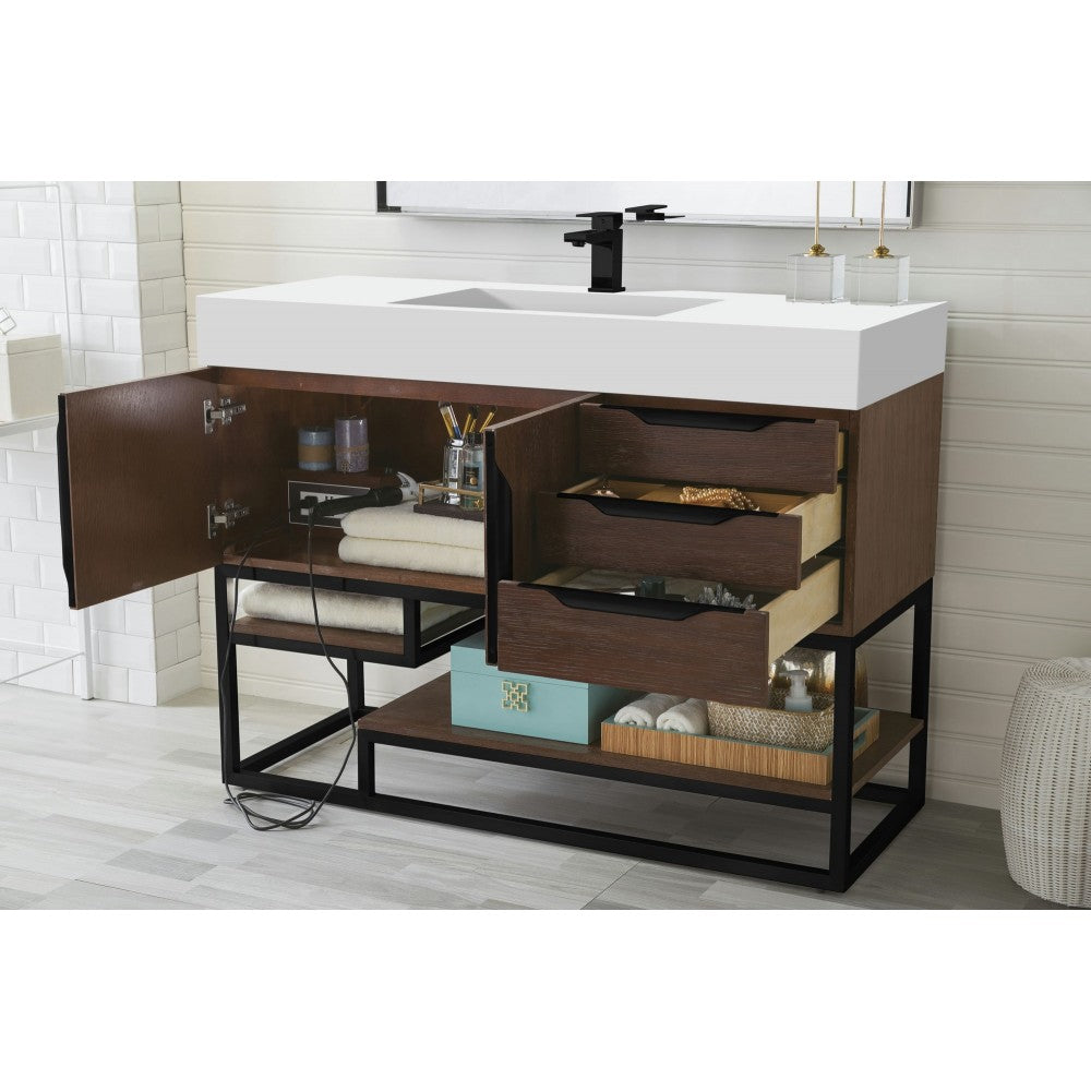 Columbia 48" Single Vanity Coffee Oak Matte Black w/ Glossy White Composite Top