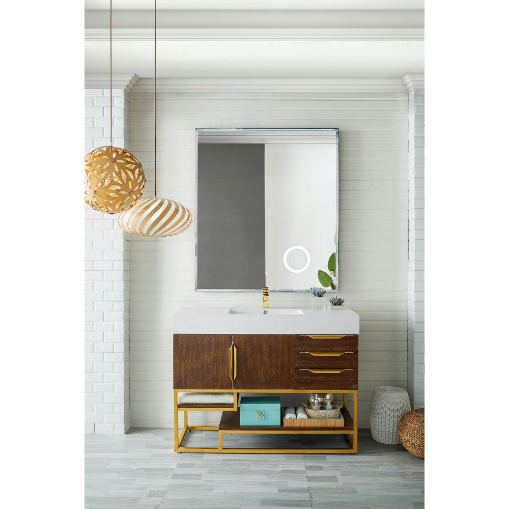 Columbia 48" Single Vanity Coffee Oak Radiant Gold w/ Glossy White Composite Top