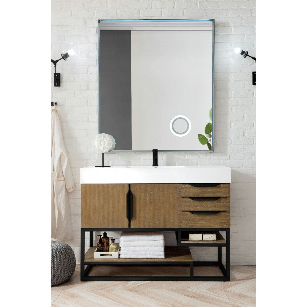 Columbia 48" Single Vanity, Latte Oak, Matte Black w/ Glossy White Composite Top