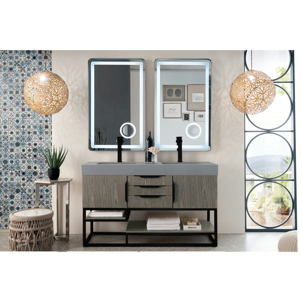 Columbia 59" Double Vanity Ash Gray Matte Black w/Dusk Gray Glossy Composite Top