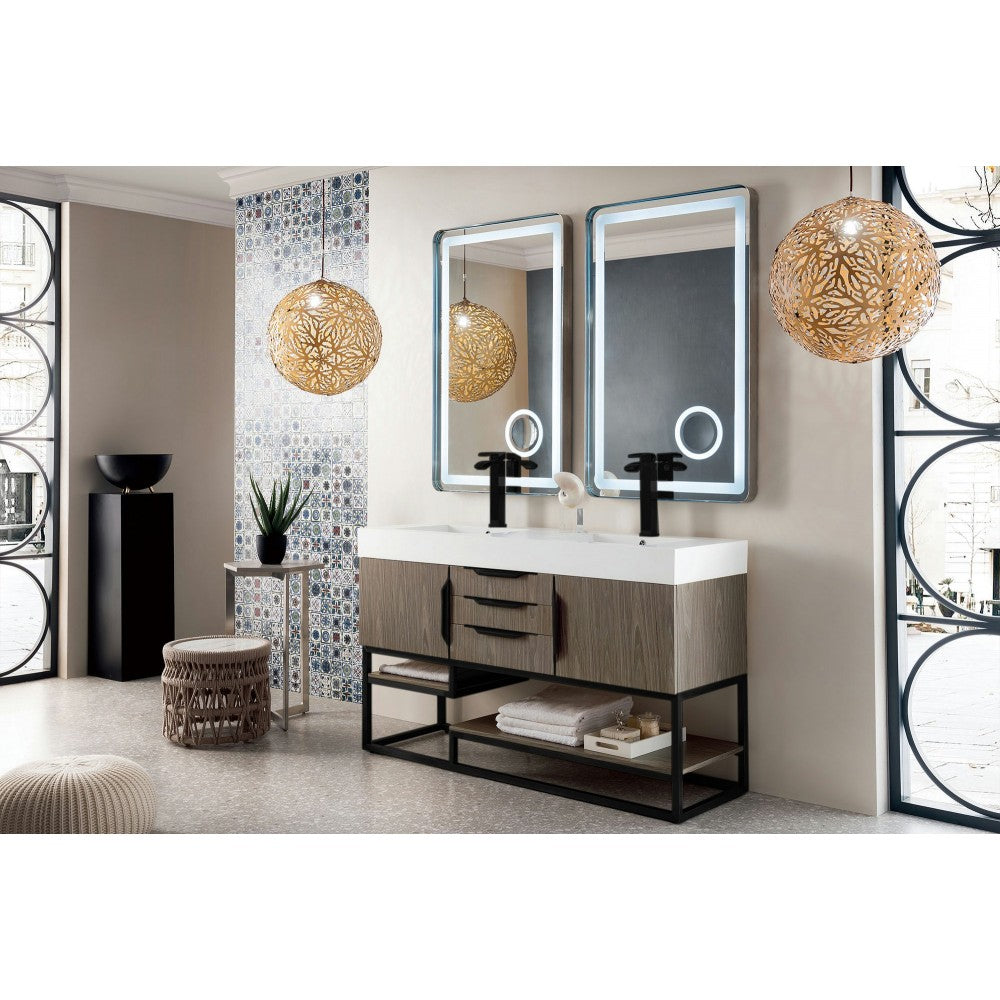 Columbia 59" Double Vanity, Ash Gray, Matte Black w/ Glossy White Composite Top