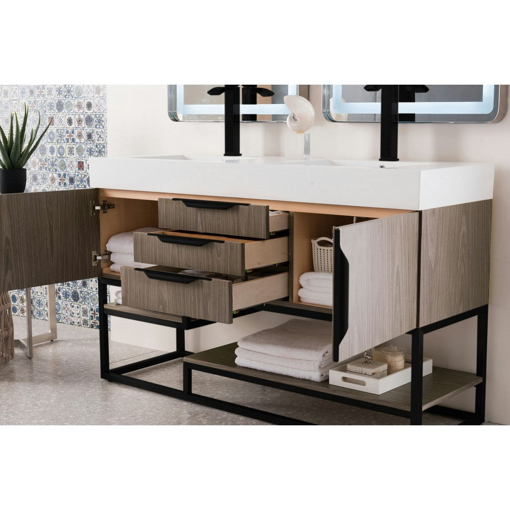 Columbia 59" Double Vanity, Ash Gray, Matte Black w/ Glossy White Composite Top