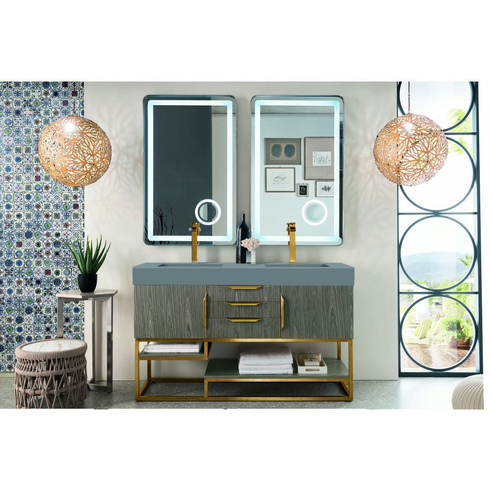 Columbia 59" Double Vanity Ash Gray Radiant Gold w/Dusk Gray  Composite Top