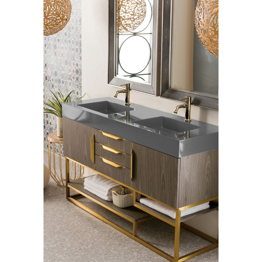 Columbia 59" Double Vanity Ash Gray Radiant Gold w/Dusk Gray  Composite Top