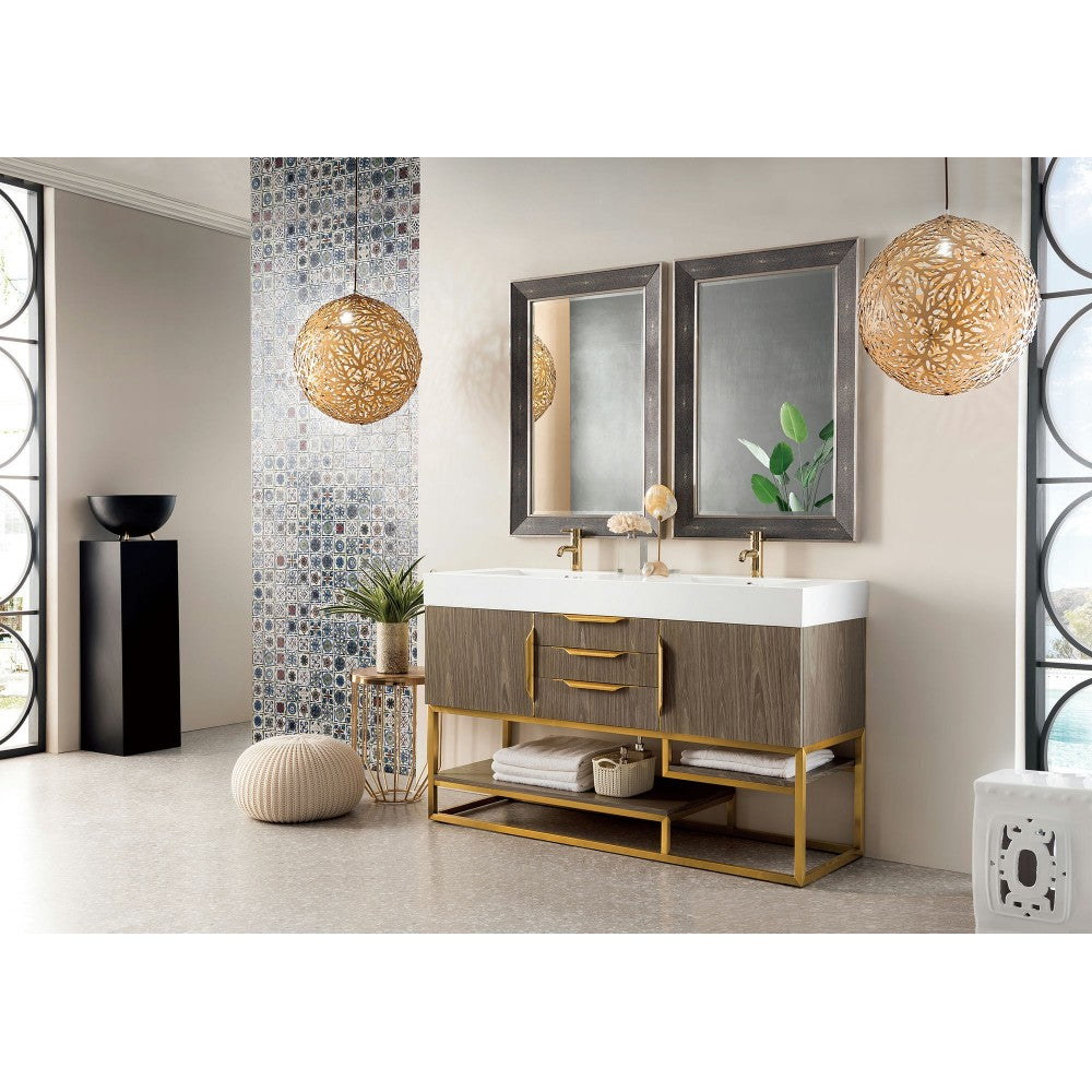 Columbia 59" Double Vanity, Ash Gray, Radiant Gold w/ Glossy White Composite Top