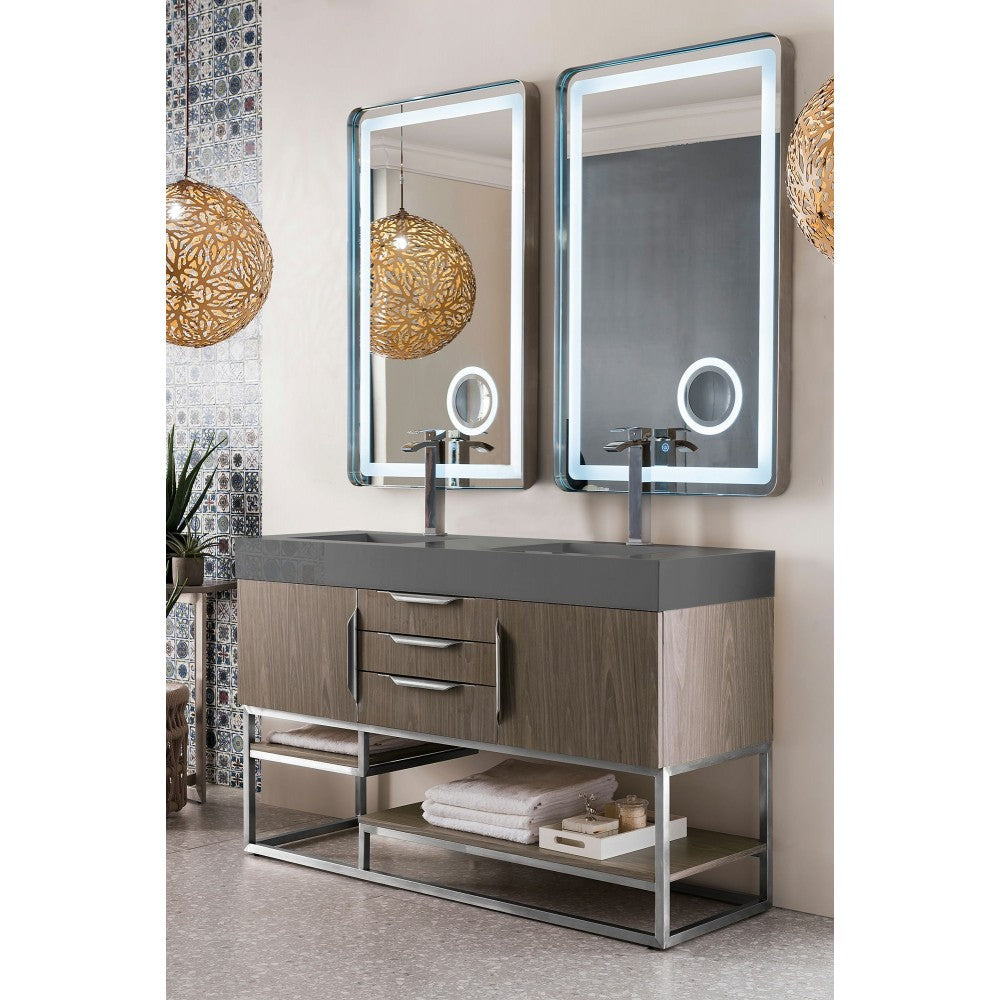 Columbia 59" Double Vanity, Ash Gray w/ Dusk Gray Glossy Composite Top