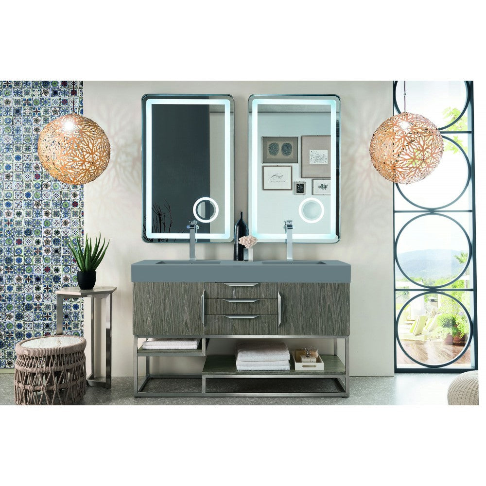 Columbia 59" Double Vanity, Ash Gray w/ Dusk Gray Glossy Composite Top