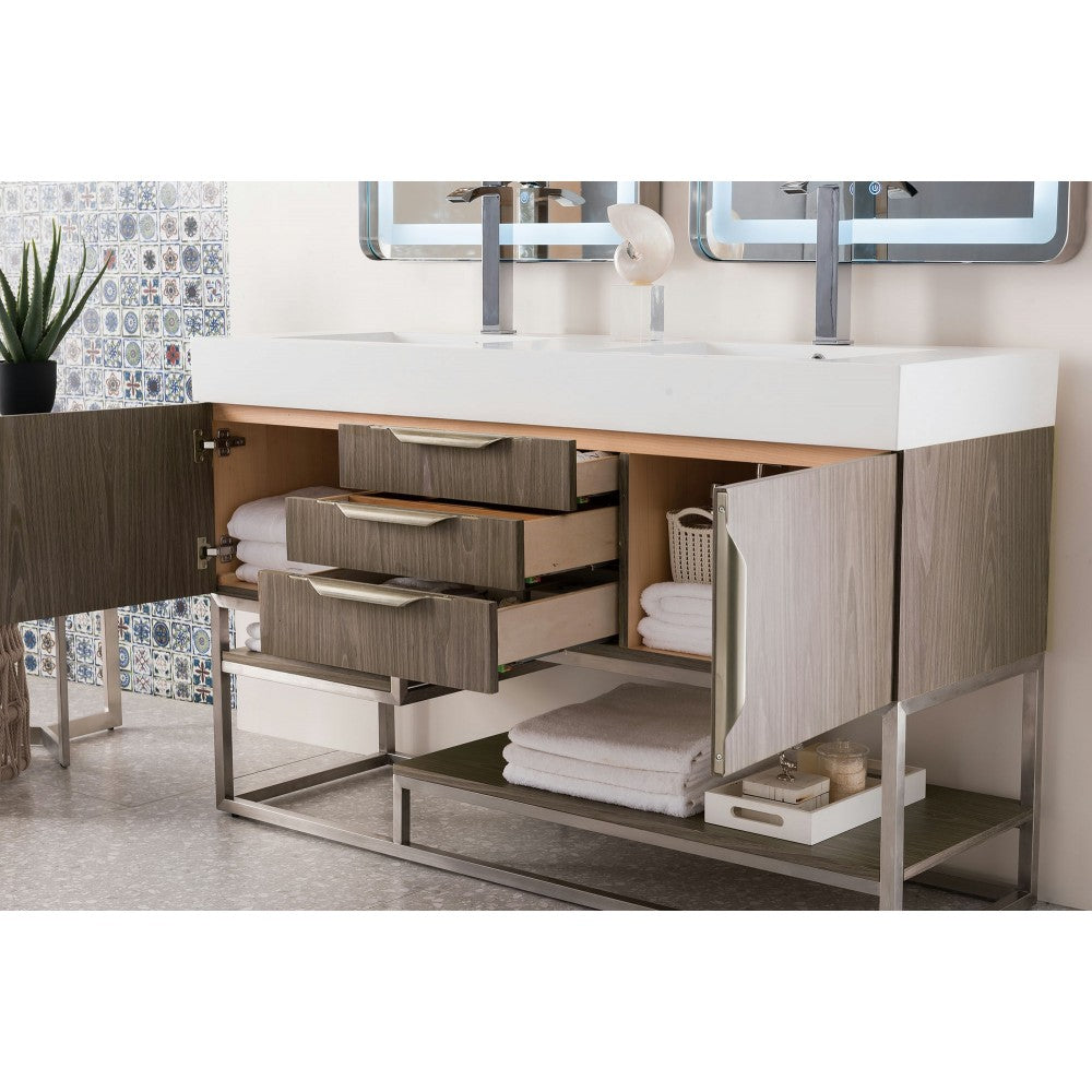 Columbia 59" Double Vanity, Ash Gray w/ Glossy White Composite Top