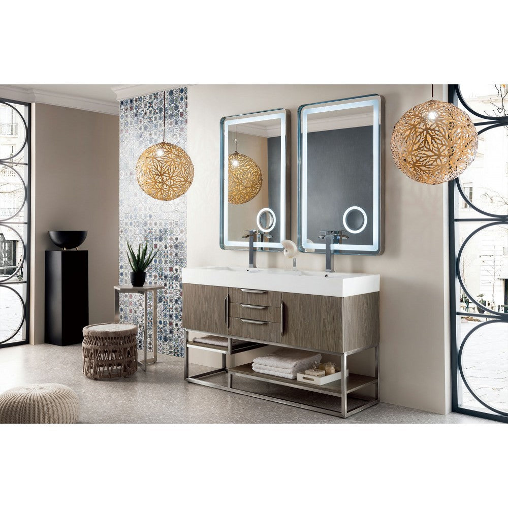 Columbia 59" Double Vanity, Ash Gray w/ Glossy White Composite Top