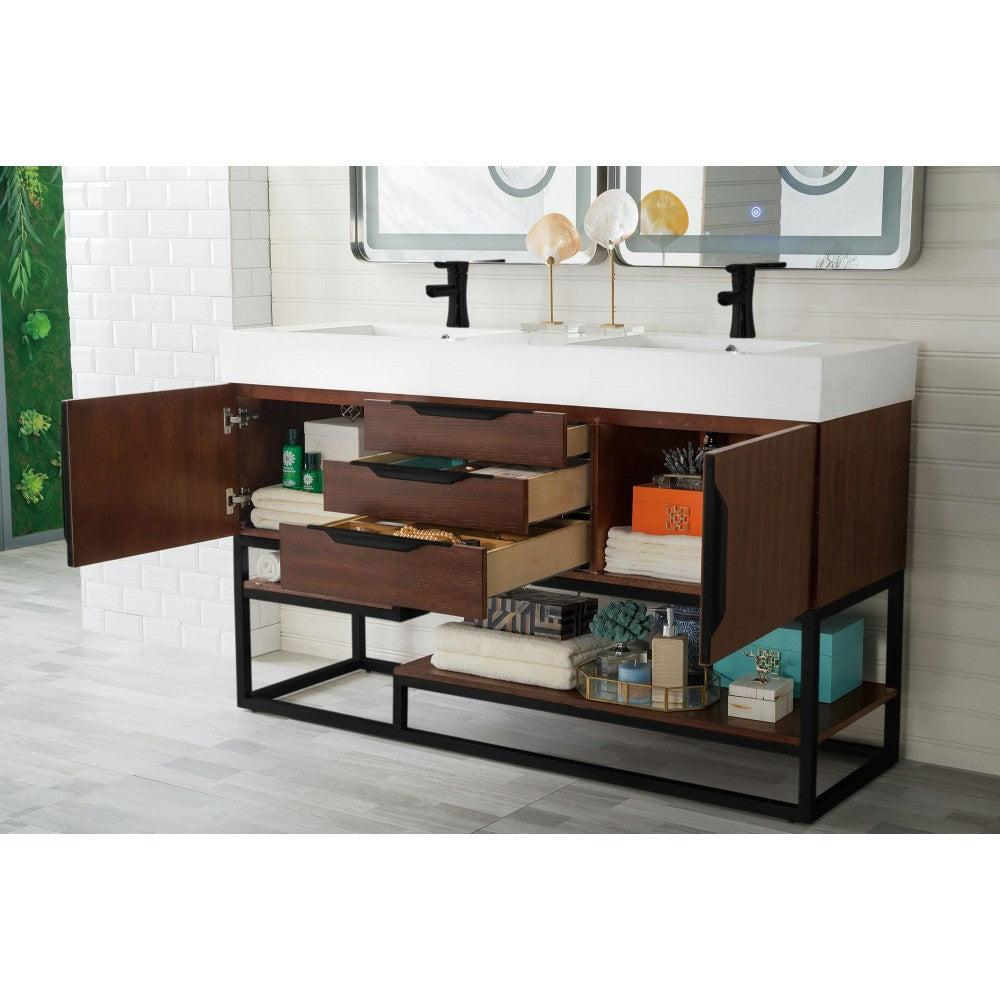 Columbia 59" Double Vanity Coffee Oak Matte Black w/ Glossy White Composite Top
