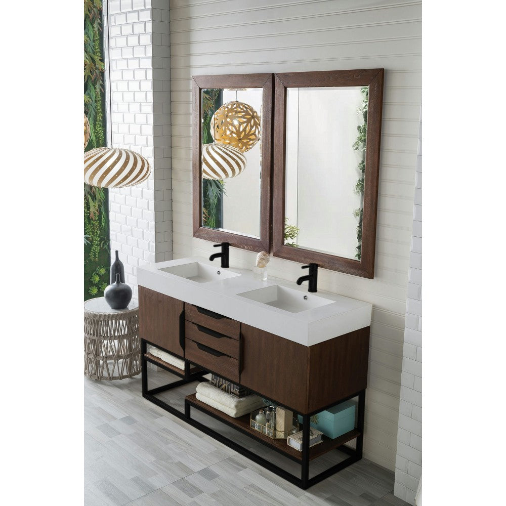 Columbia 59" Double Vanity Coffee Oak Matte Black w/ Glossy White Composite Top