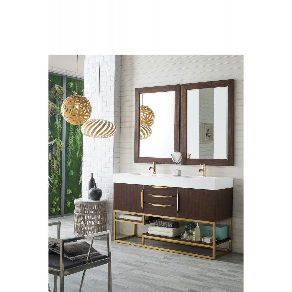 Columbia 59" Double Vanity Coffee Oak Radiant Gold w/ Glossy White Composite Top