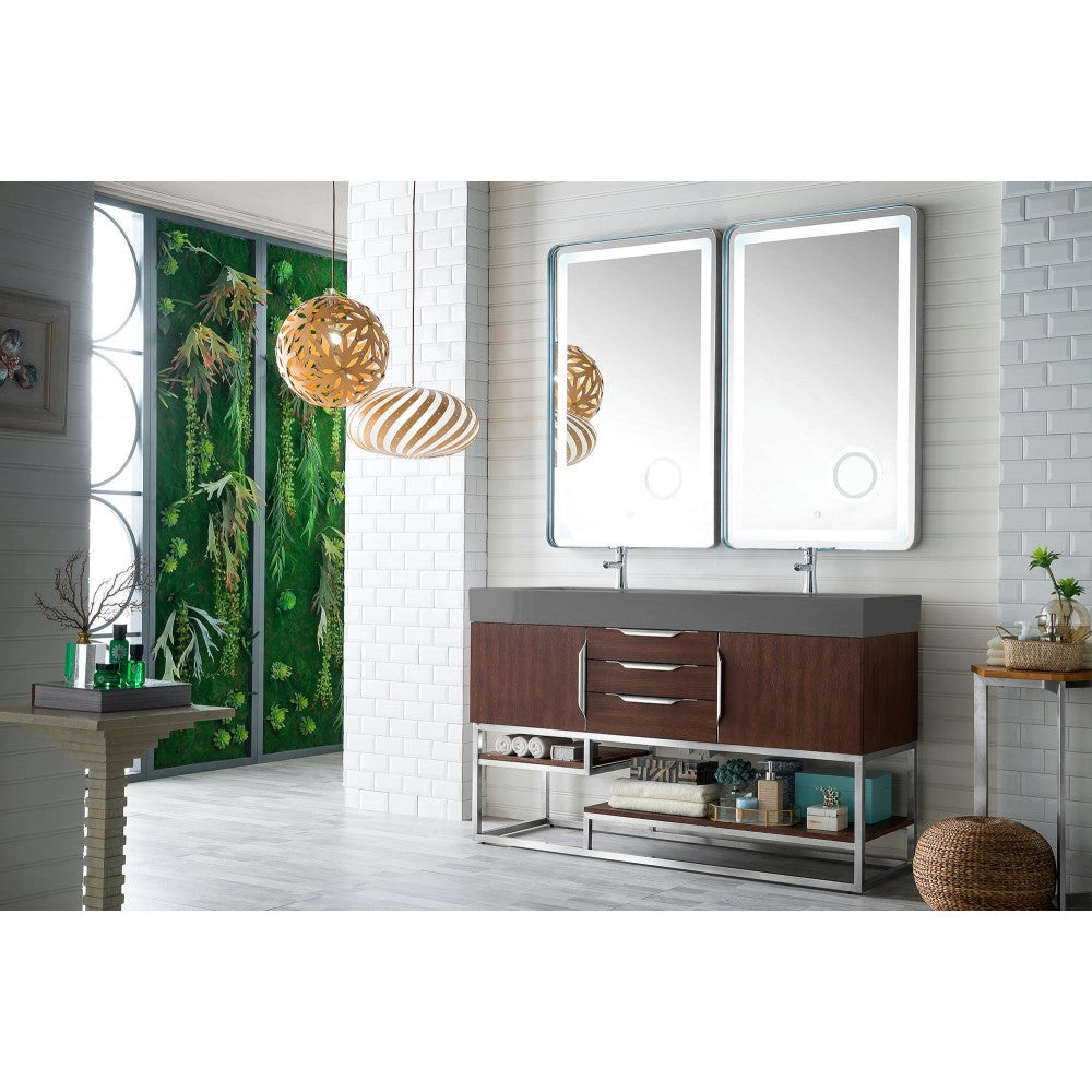 Columbia 59" Double Vanity, Coffee Oak w/ Dusk Gray Glossy Composite Top