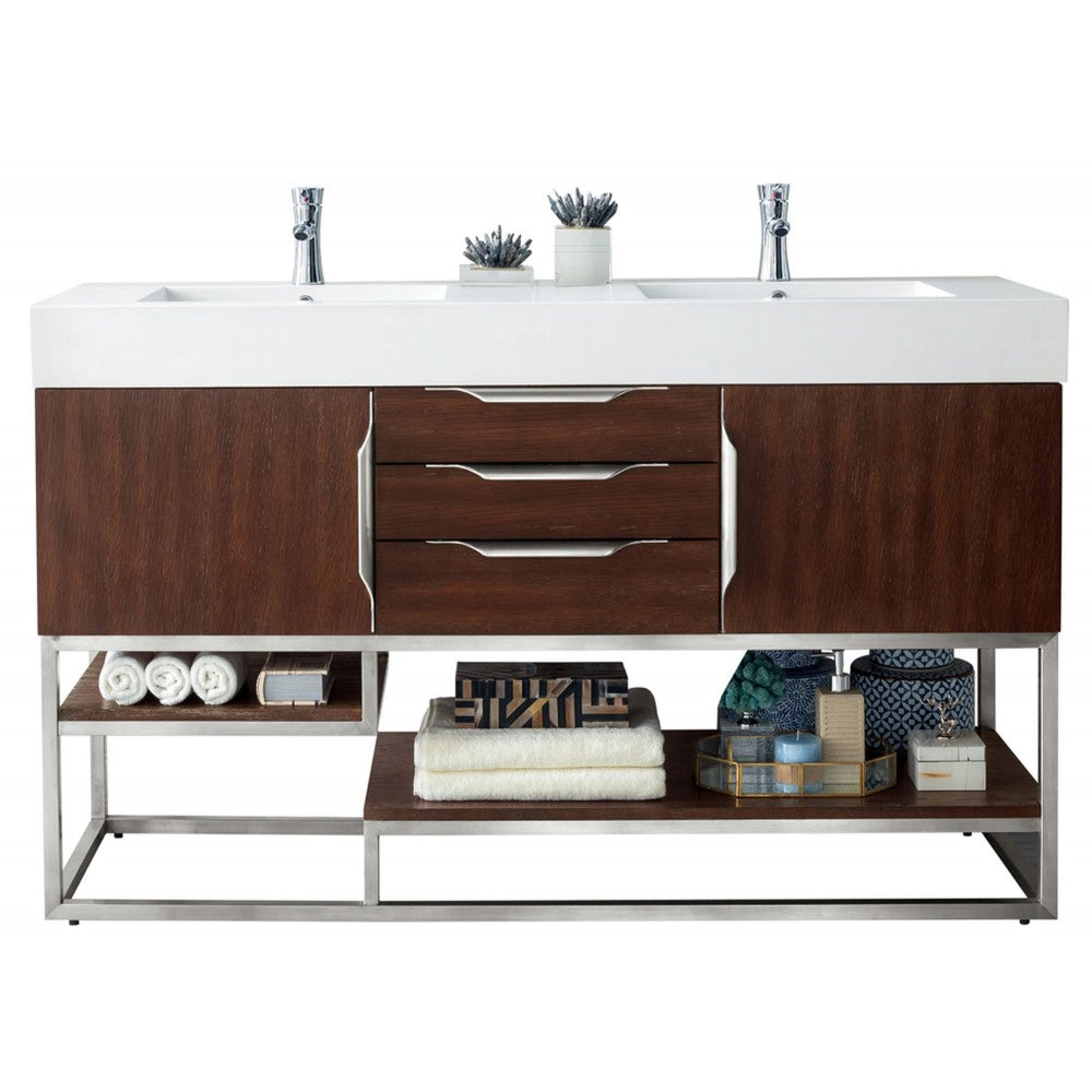 Columbia 59" Double Vanity, Coffee Oak w/ Glossy White Composite Top