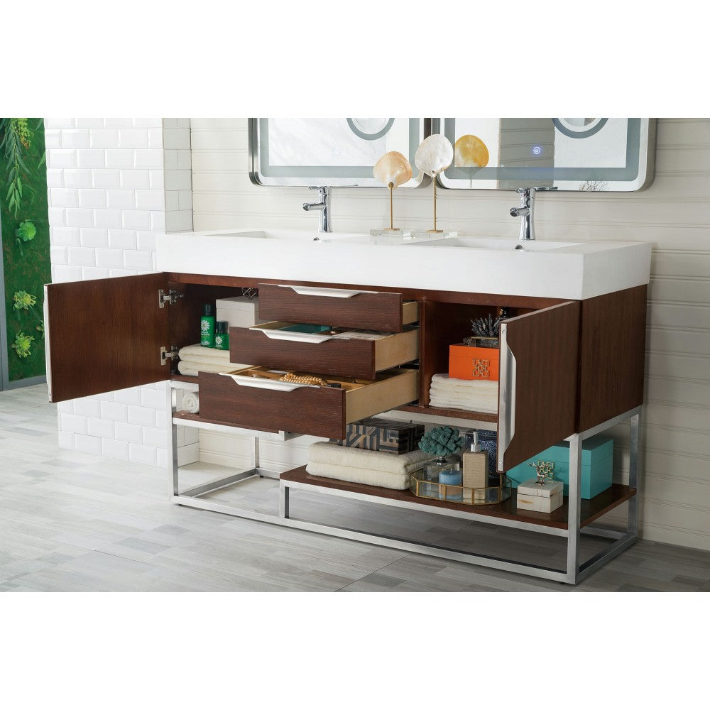 Columbia 59" Double Vanity, Coffee Oak w/ Glossy White Composite Top