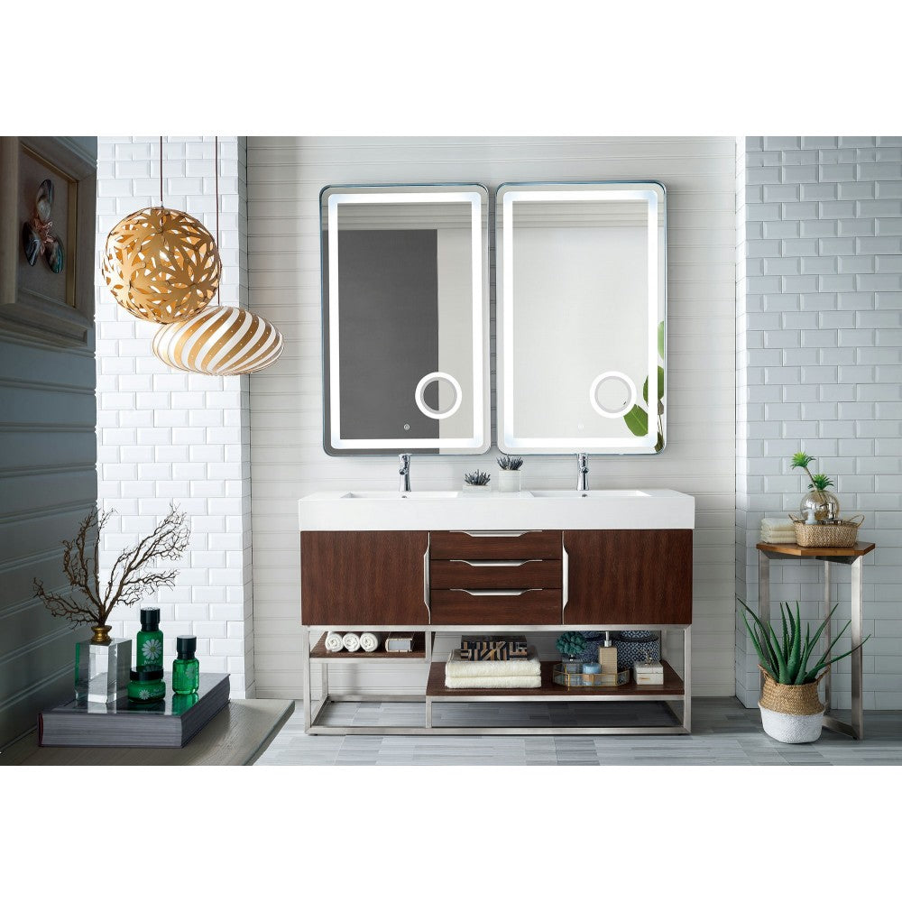 Columbia 59" Double Vanity, Coffee Oak w/ Glossy White Composite Top