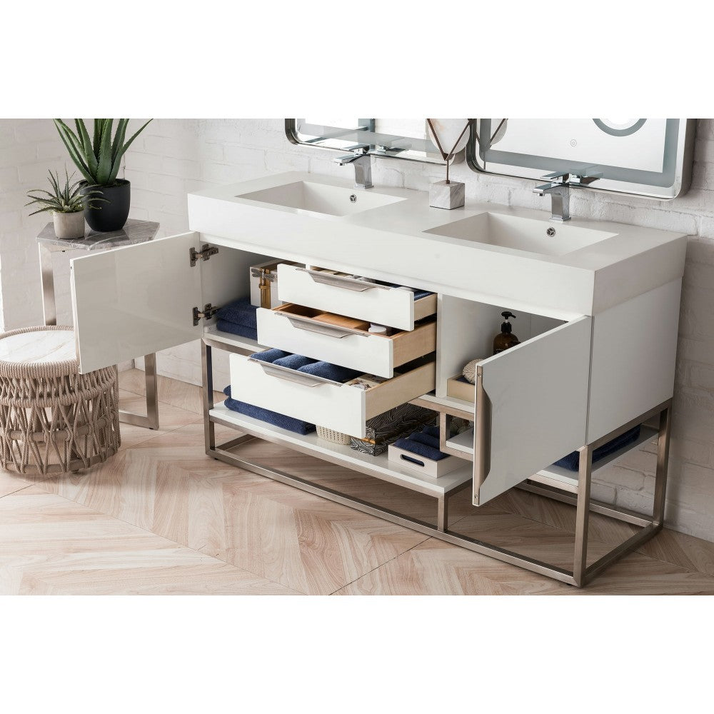 Columbia 59" Double Vanity, Glossy White w/ Glossy White Composite Top