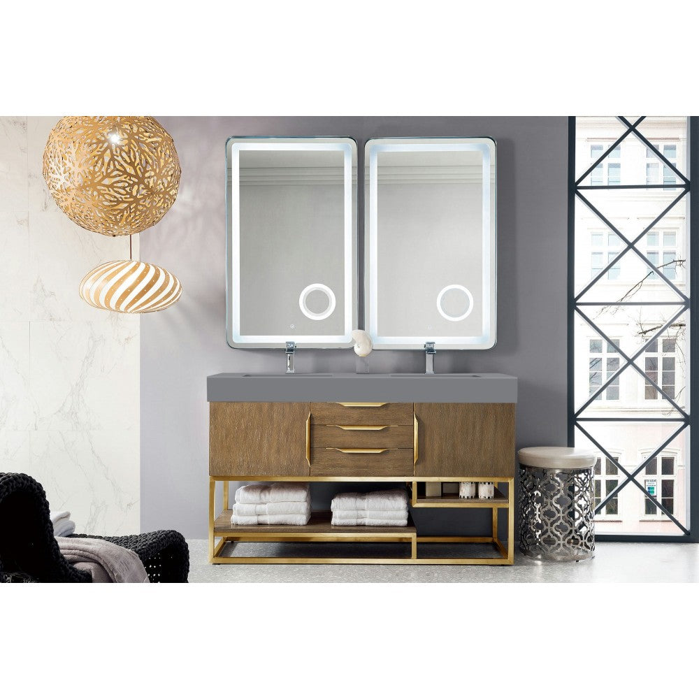 Columbia 59" Double Vanity Latte Oak Radiant Gold w/Dusk Gray  Composite Top