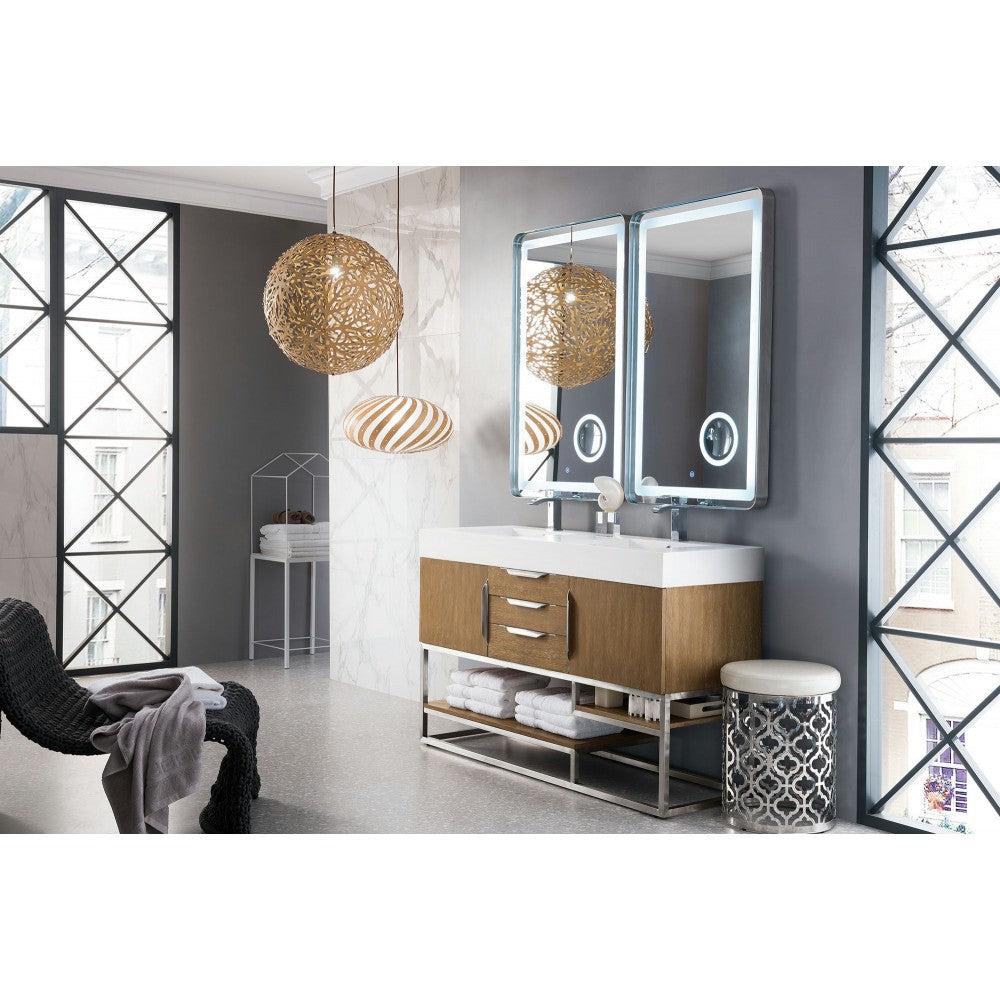 Columbia 59" Double Vanity, Latte Oak w/ Glossy White Composite Top