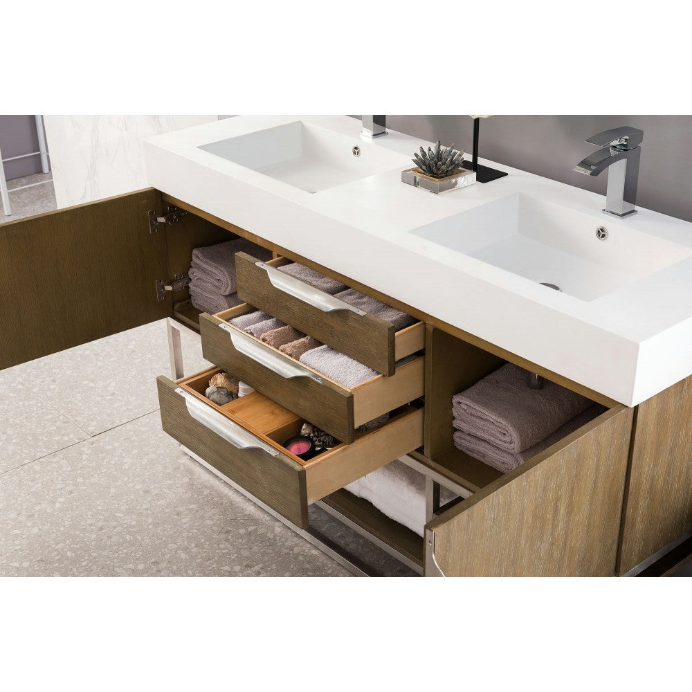 Columbia 59" Double Vanity, Latte Oak w/ Glossy White Composite Top