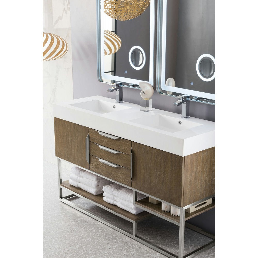 Columbia 59" Double Vanity, Latte Oak w/ Glossy White Composite Top