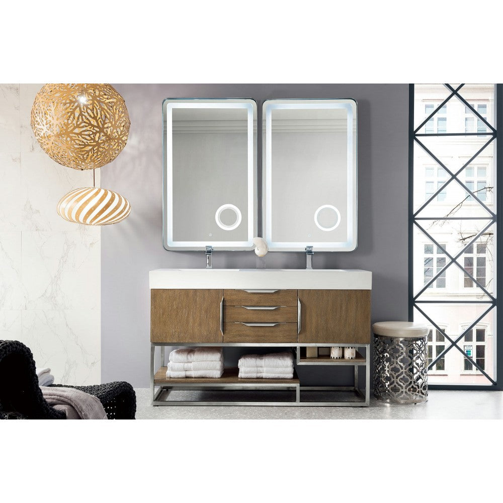 Columbia 59" Double Vanity, Latte Oak w/ Glossy White Composite Top