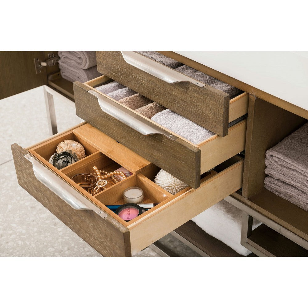 Columbia 59" Double Vanity, Latte Oak w/ Glossy White Composite Top
