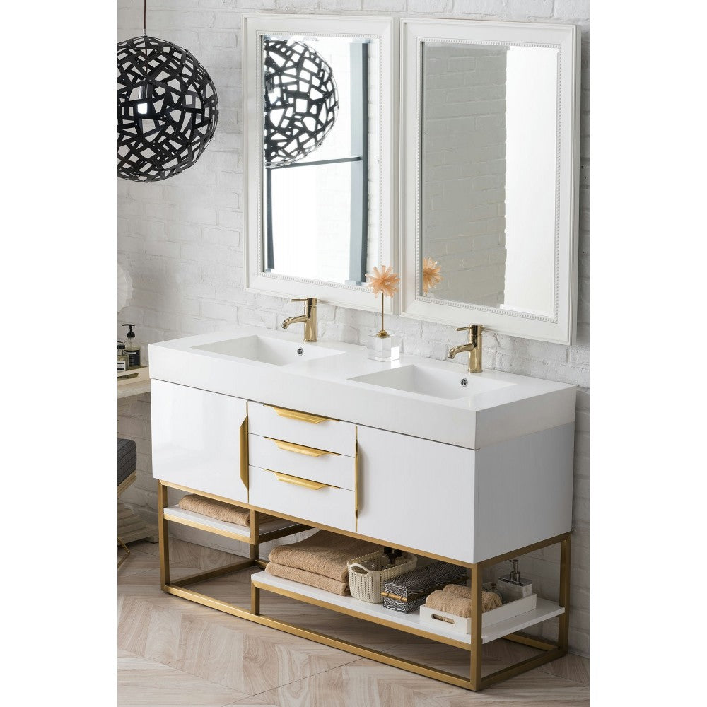 Columbia 59" Double Vanity  White Radiant Gold w/ White Composite Top