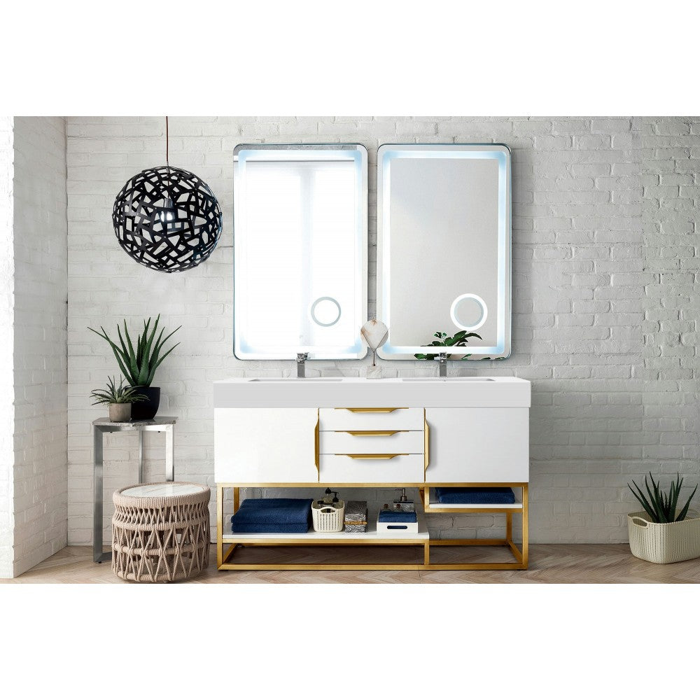 Columbia 59" Double Vanity  White Radiant Gold w/ White Composite Top