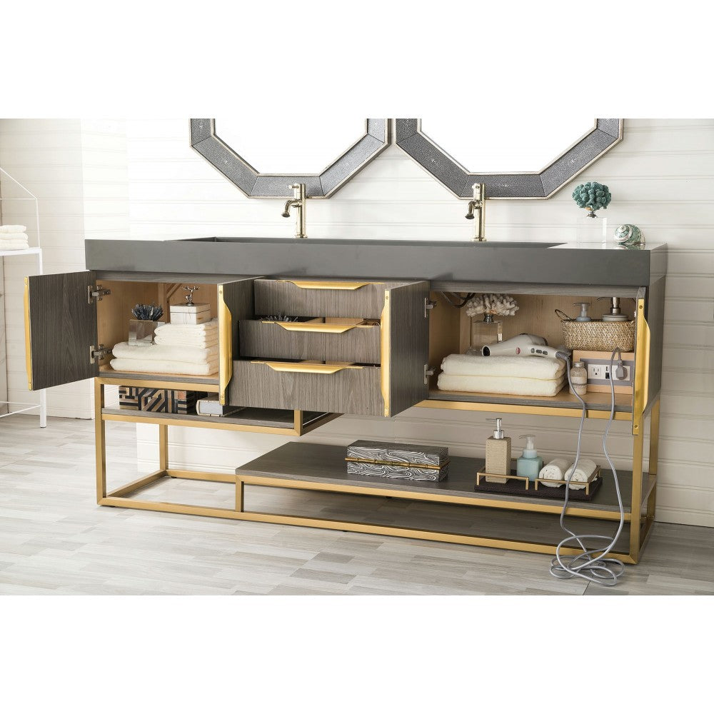 Columbia 72" Double Vanity Ash Gray Radiant Gold w/Dusk Gray  Composite Top