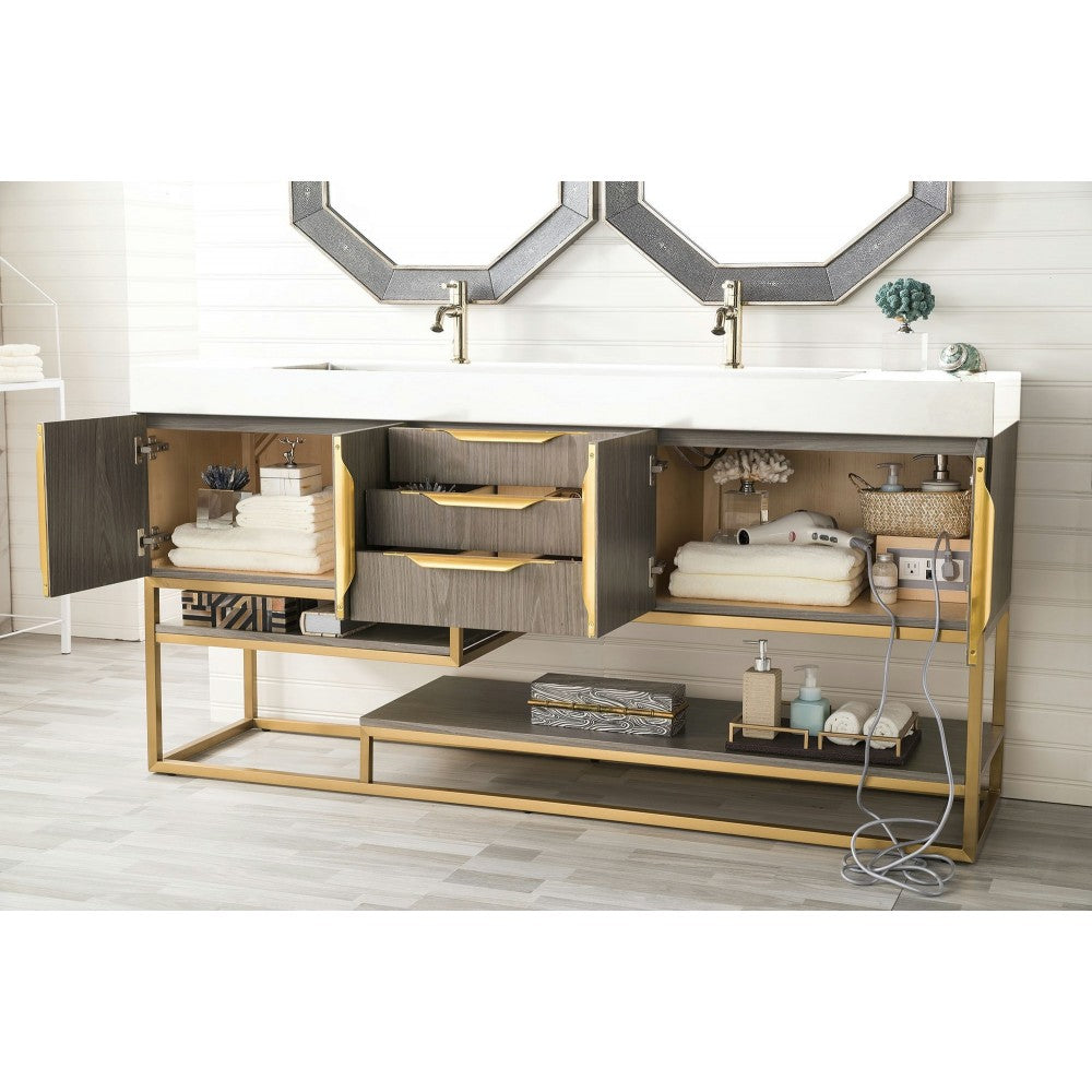 Columbia 72" Double Vanity, Ash Gray, Radiant Gold w/ Glossy White Composite Top