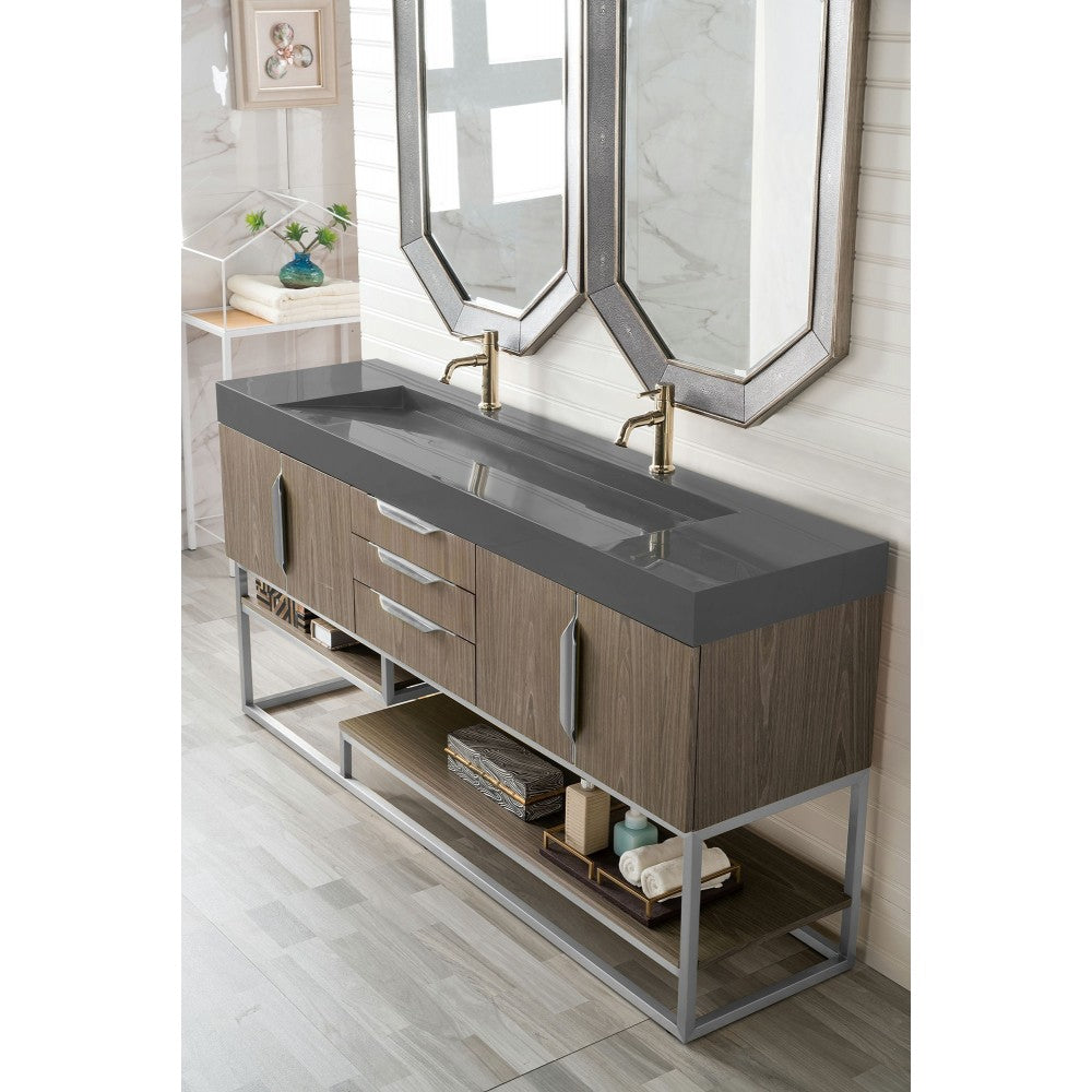 Columbia 72" Double Vanity, Ash Gray w/ Dusk Gray Glossy Composite Top