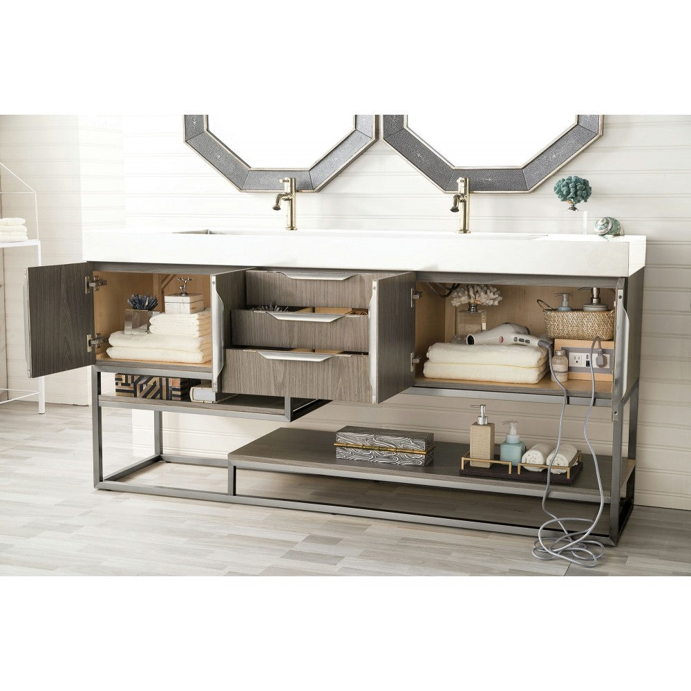 Columbia 72" Double Vanity, Ash Gray w/ Glossy White Composite Top