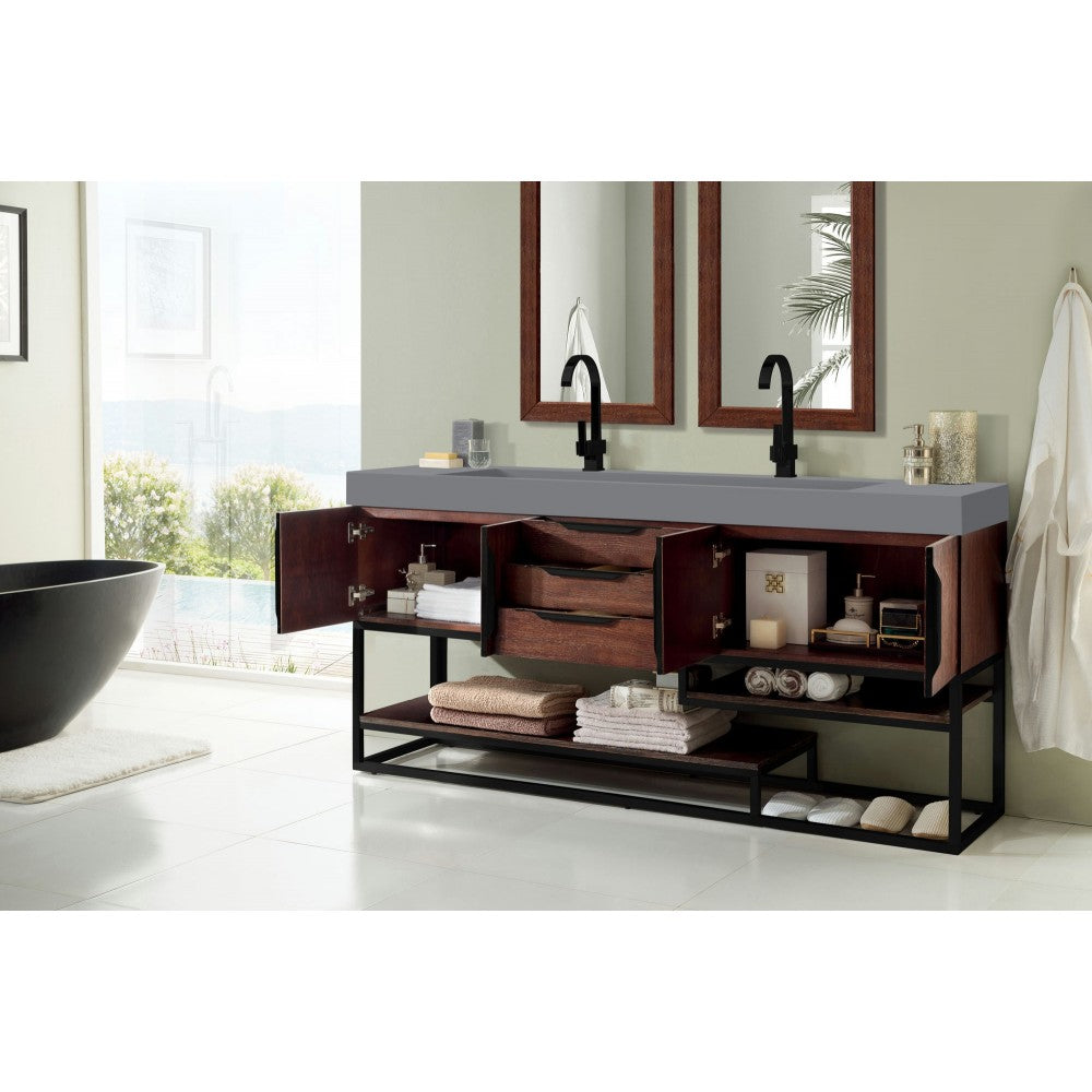 Columbia 72" Double Vanity Coffee Oak Black w/Dusk Gray Glossy Composite Top