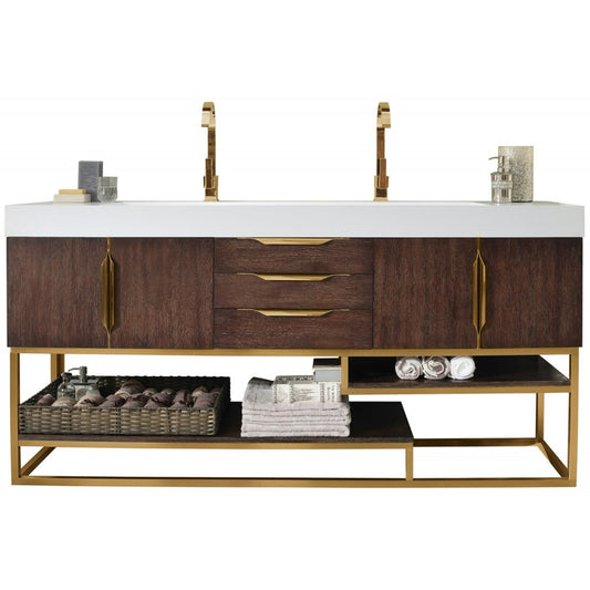 Columbia 72" Double Vanity Coffee Oak Radiant Gold w/ Glossy White Composite Top