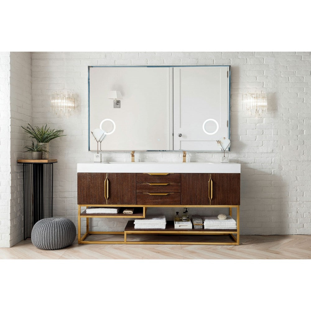 Columbia 72" Double Vanity Coffee Oak Radiant Gold w/ Glossy White Composite Top