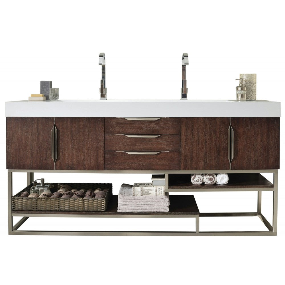 Columbia 72" Double Vanity, Coffee Oak w/ Glossy White Composite Top
