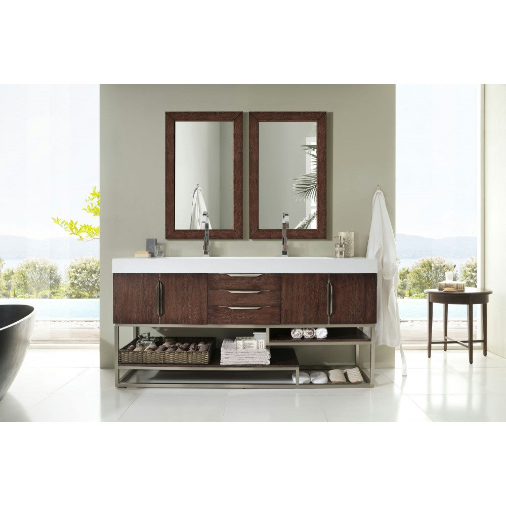 Columbia 72" Double Vanity, Coffee Oak w/ Glossy White Composite Top
