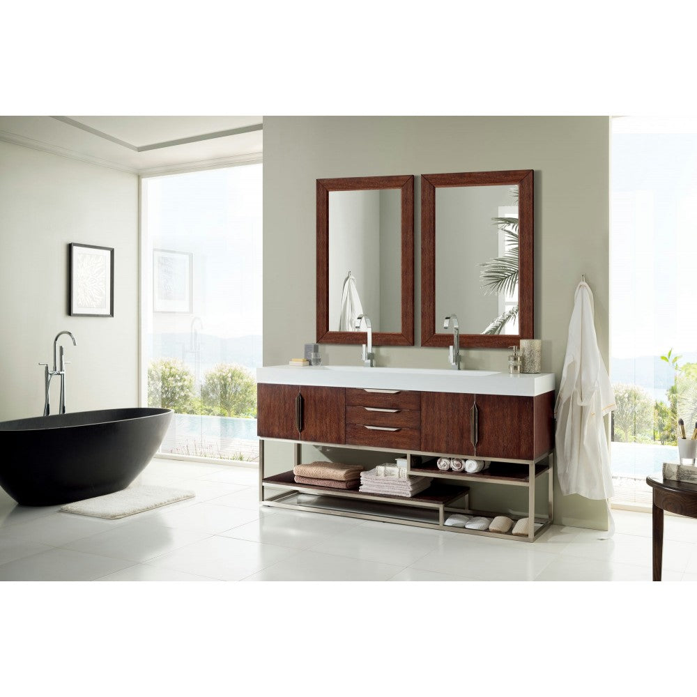 Columbia 72" Double Vanity, Coffee Oak w/ Glossy White Composite Top